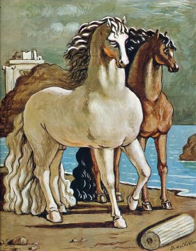 two boys singing Painting - two horses by a lake Giorgio de Chirico Metaphysical surrealism